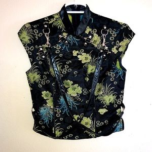 LIP SERVICE SIZE SMALL ZIP UP TOP BLACK AND GREEN FLORAL WITH SILVER HARDWARE